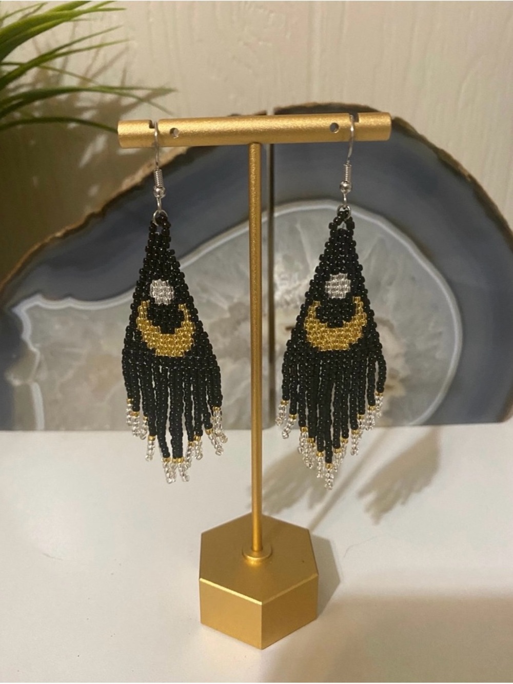 Black & Gold Beaded Fringe Earrings - Women Jewelry